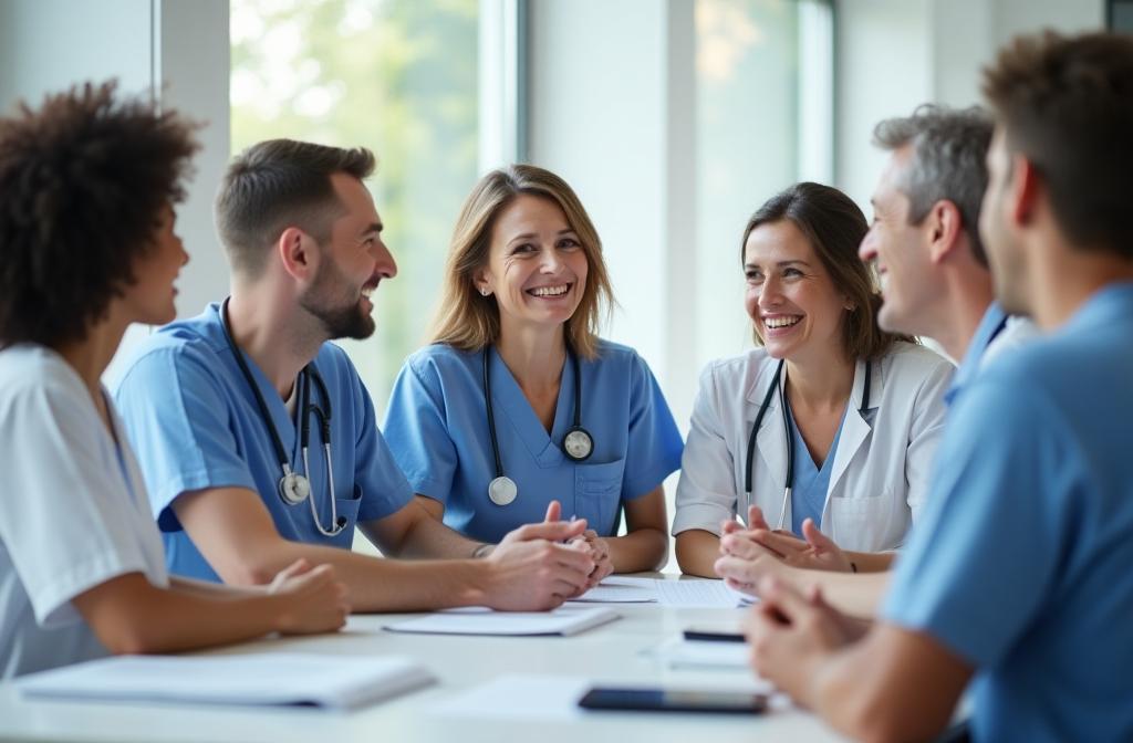 Diverse group of healthcare professionals in a learning environment, collaborating happily.